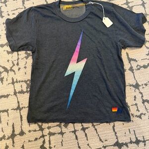 Aviator Nation Black Short Sleeve Tee with Pink-to-Blue Lightning Bolt